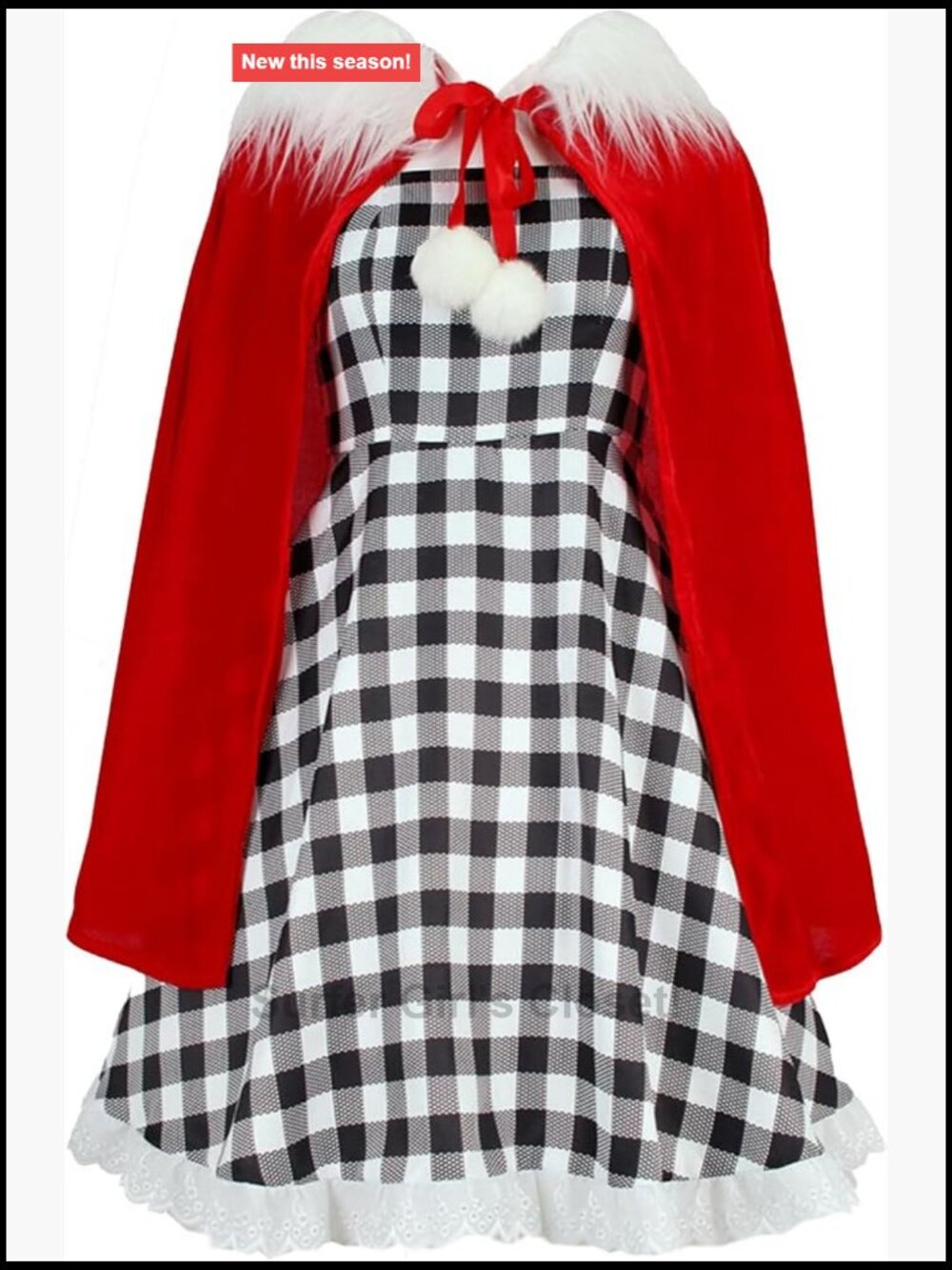 Women's Christmas Santa Costume Dress with Velvet Cloak Plaid Dress